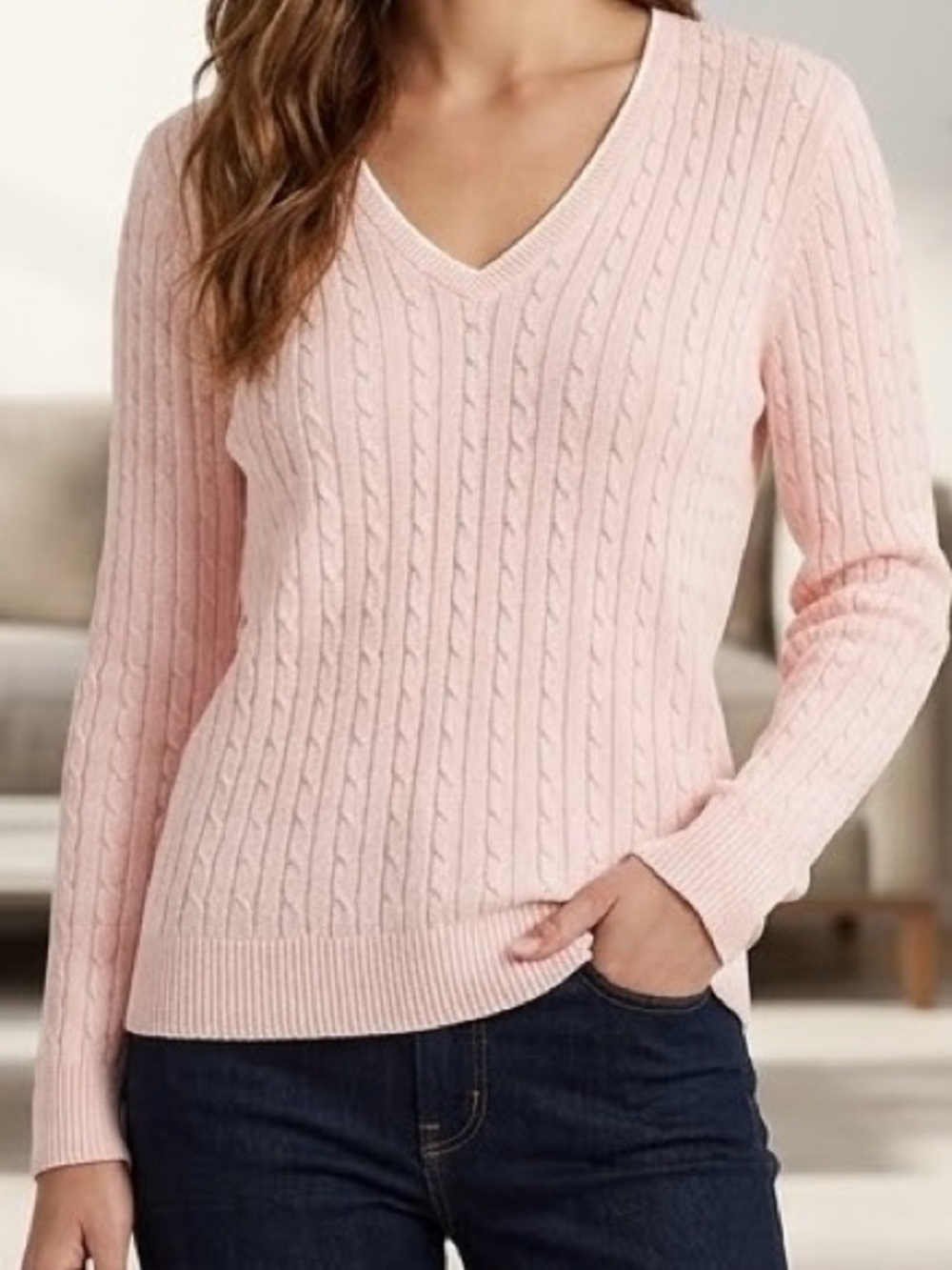 Lauren Ralph Lauren Pale Pink Cable-Knit V-Neck Sweater